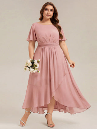 Short Sleeve Ruffle Round Neck High-Low Asymmetrical Bridesmaid Dresses
