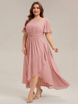 Short Sleeve Ruffle Round Neck High-Low Asymmetrical Bridesmaid Dresses