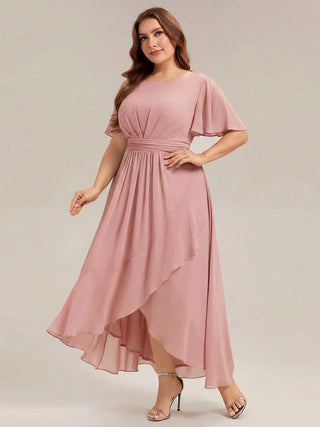 Short Sleeve Ruffle Round Neck High-Low Asymmetrical Bridesmaid Dresses
