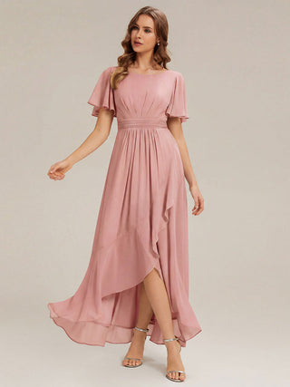 Short Sleeve Ruffle Round Neck High-Low Asymmetrical Bridesmaid Dresses