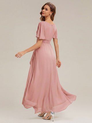Short Sleeve Ruffle Round Neck High-Low Asymmetrical Bridesmaid Dresses