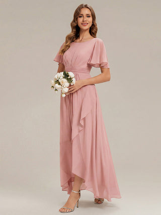 Short Sleeve Ruffle Round Neck High-Low Asymmetrical Bridesmaid Dresses