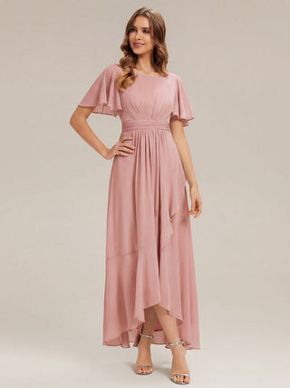 Short Sleeve Ruffle Round Neck High-Low Asymmetrical Bridesmaid Dresses