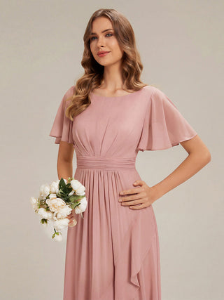 Short Sleeve Ruffle Round Neck High-Low Asymmetrical Bridesmaid Dresses