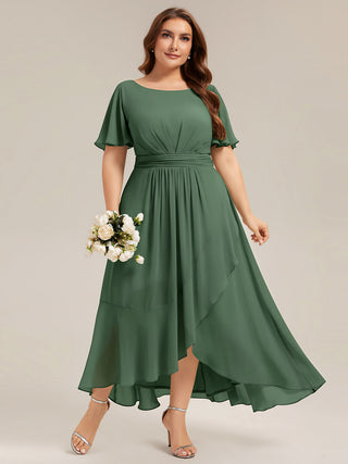 Short Sleeve Ruffle Round Neck High-Low Asymmetrical Bridesmaid Dresses