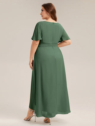 Short Sleeve Ruffle Round Neck High-Low Asymmetrical Bridesmaid Dresses