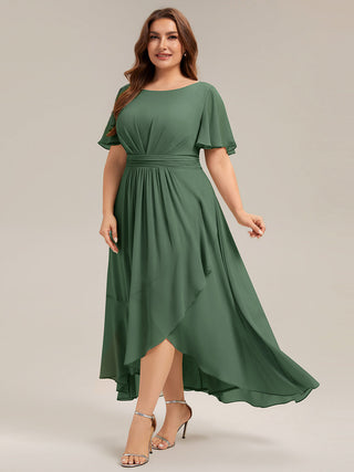 Short Sleeve Ruffle Round Neck High-Low Asymmetrical Bridesmaid Dresses
