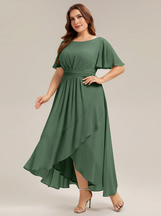 Short Sleeve Ruffle Round Neck High-Low Asymmetrical Bridesmaid Dresses