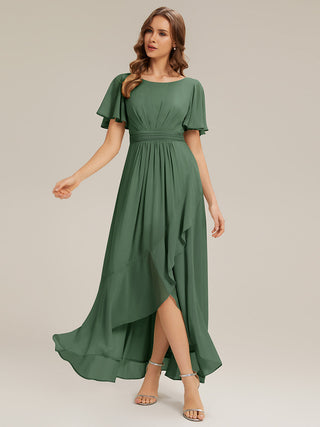 Short Sleeve Ruffle Round Neck High-Low Asymmetrical Bridesmaid Dresses