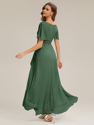 Short Sleeve Ruffle Round Neck High-Low Asymmetrical Bridesmaid Dresses