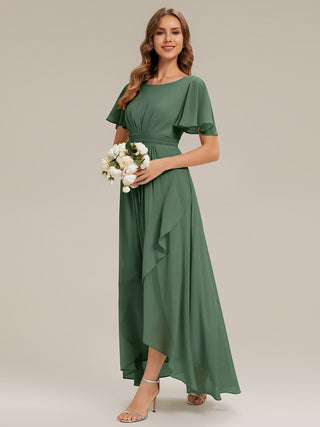 Short Sleeve Ruffle Round Neck High-Low Asymmetrical Bridesmaid Dresses