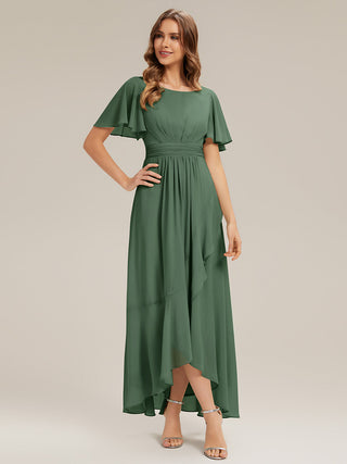 Short Sleeve Ruffle Round Neck High-Low Asymmetrical Bridesmaid Dresses