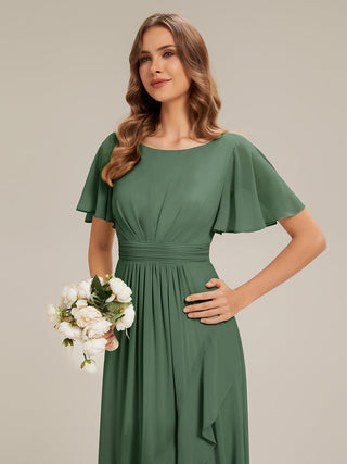 Short Sleeve Ruffle Round Neck High-Low Asymmetrical Bridesmaid Dresses