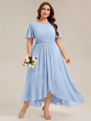 Short Sleeve Ruffle Round Neck High-Low Asymmetrical Bridesmaid Dresses