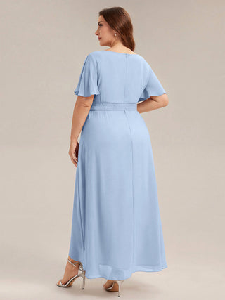 Short Sleeve Ruffle Round Neck High-Low Asymmetrical Bridesmaid Dresses
