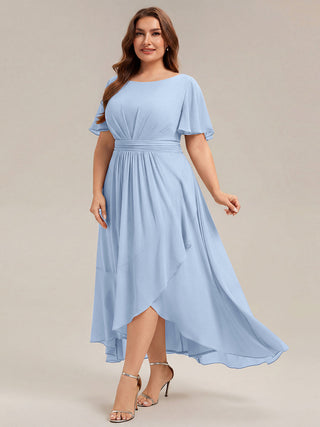 Short Sleeve Ruffle Round Neck High-Low Asymmetrical Bridesmaid Dresses