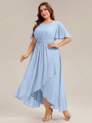 Short Sleeve Ruffle Round Neck High-Low Asymmetrical Bridesmaid Dresses