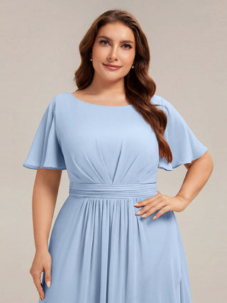 Short Sleeve Ruffle Round Neck High-Low Asymmetrical Bridesmaid Dresses
