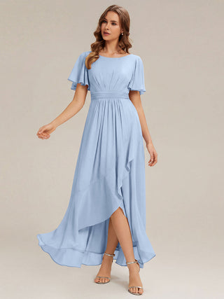 Short Sleeve Ruffle Round Neck High-Low Asymmetrical Bridesmaid Dresses