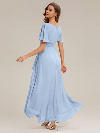 Short Sleeve Ruffle Round Neck High-Low Asymmetrical Bridesmaid Dresses