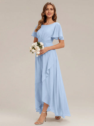 Short Sleeve Ruffle Round Neck High-Low Asymmetrical Bridesmaid Dresses