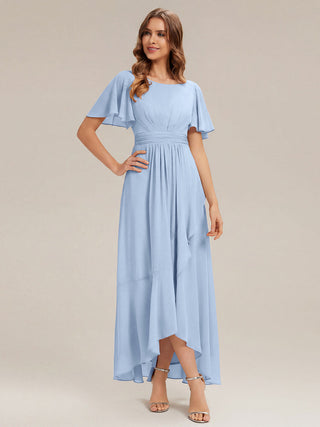 Short Sleeve Ruffle Round Neck High-Low Asymmetrical Bridesmaid Dresses
