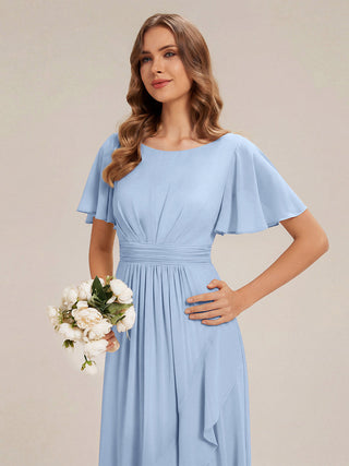 Short Sleeve Ruffle Round Neck High-Low Asymmetrical Bridesmaid Dresses