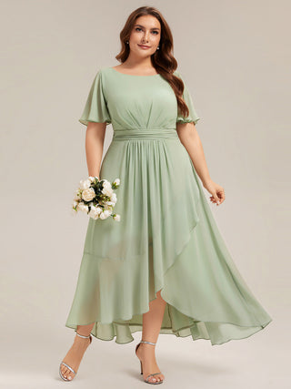 Short Sleeve Ruffle Round Neck High-Low Asymmetrical Bridesmaid Dresses