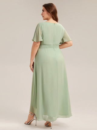 Short Sleeve Ruffle Round Neck High-Low Asymmetrical Bridesmaid Dresses