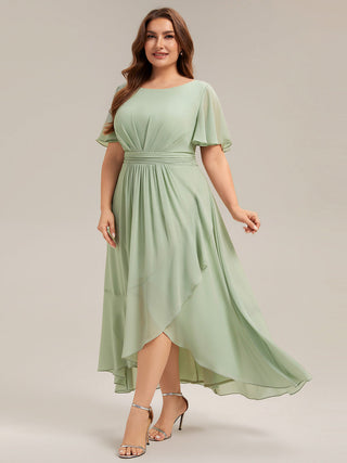 Short Sleeve Ruffle Round Neck High-Low Asymmetrical Bridesmaid Dresses