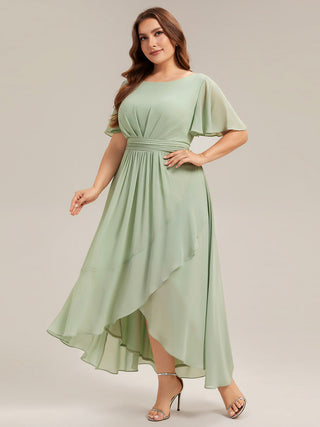 Short Sleeve Ruffle Round Neck High-Low Asymmetrical Bridesmaid Dresses