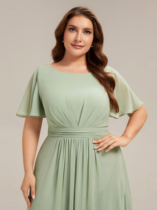 Short Sleeve Ruffle Round Neck High-Low Asymmetrical Bridesmaid Dresses