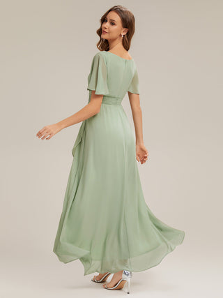 Short Sleeve Ruffle Round Neck High-Low Asymmetrical Bridesmaid Dresses