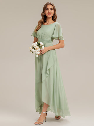 Short Sleeve Ruffle Round Neck High-Low Asymmetrical Bridesmaid Dresses
