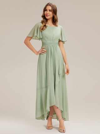 Short Sleeve Ruffle Round Neck High-Low Asymmetrical Bridesmaid Dresses