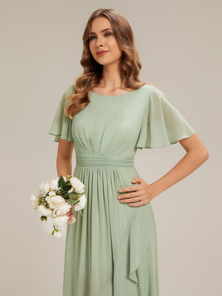 Short Sleeve Ruffle Round Neck High-Low Asymmetrical Bridesmaid Dresses