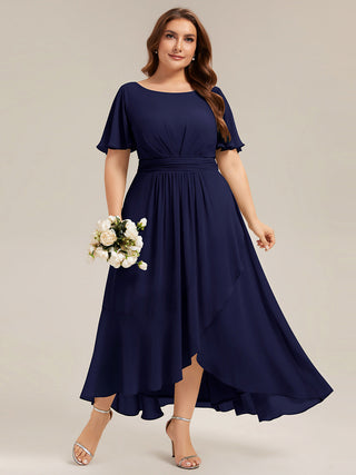 Short Sleeve Ruffle Round Neck High-Low Asymmetrical Bridesmaid Dresses