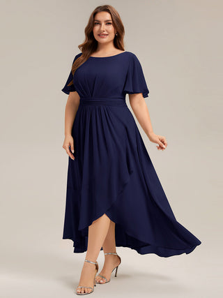 Short Sleeve Ruffle Round Neck High-Low Asymmetrical Bridesmaid Dresses