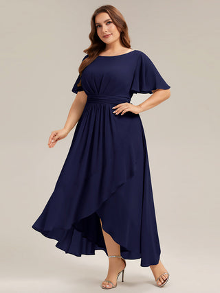 Short Sleeve Ruffle Round Neck High-Low Asymmetrical Bridesmaid Dresses