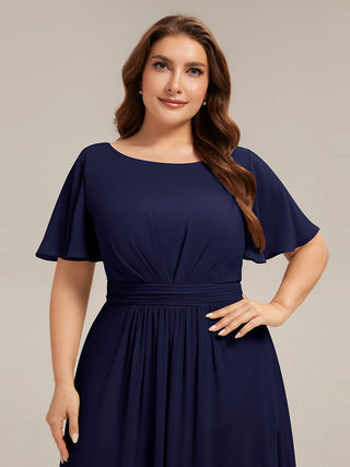 Short Sleeve Ruffle Round Neck High-Low Asymmetrical Bridesmaid Dresses