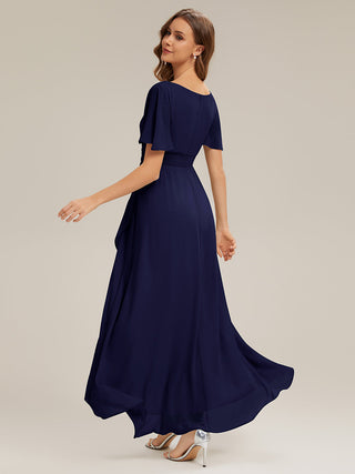 Short Sleeve Ruffle Round Neck High-Low Asymmetrical Bridesmaid Dresses