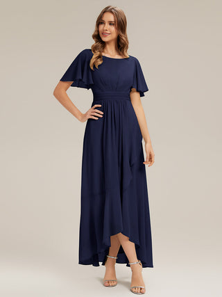 Short Sleeve Ruffle Round Neck High-Low Asymmetrical Bridesmaid Dresses