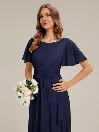 Short Sleeve Ruffle Round Neck High-Low Asymmetrical Bridesmaid Dresses