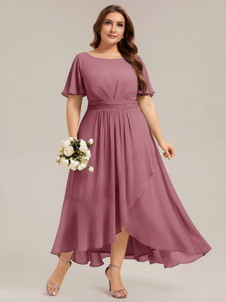 Short Sleeve Ruffle Round Neck High-Low Asymmetrical Bridesmaid Dresses