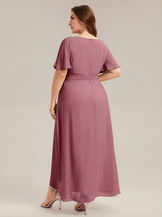 Short Sleeve Ruffle Round Neck High-Low Asymmetrical Bridesmaid Dresses