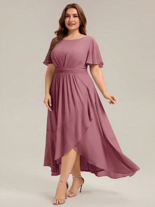 Short Sleeve Ruffle Round Neck High-Low Asymmetrical Bridesmaid Dresses
