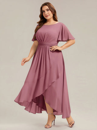 Short Sleeve Ruffle Round Neck High-Low Asymmetrical Bridesmaid Dresses
