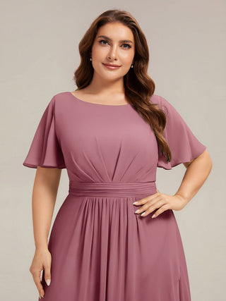 Short Sleeve Ruffle Round Neck High-Low Asymmetrical Bridesmaid Dresses