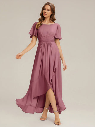 Short Sleeve Ruffle Round Neck High-Low Asymmetrical Bridesmaid Dresses