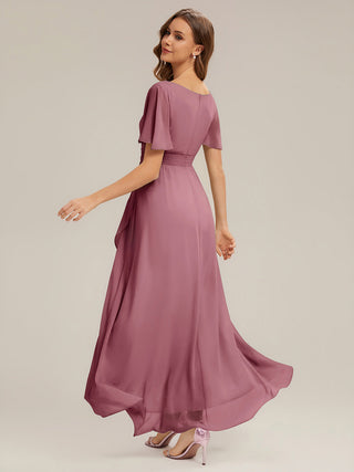 Short Sleeve Ruffle Round Neck High-Low Asymmetrical Bridesmaid Dresses